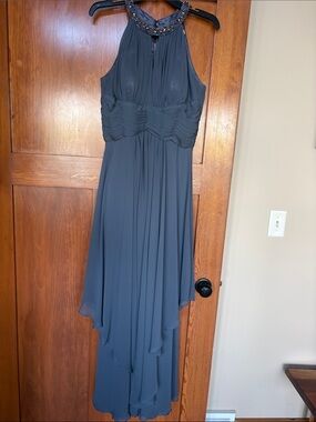 Elegant Beaded Halter Evening Dress in Slate grey